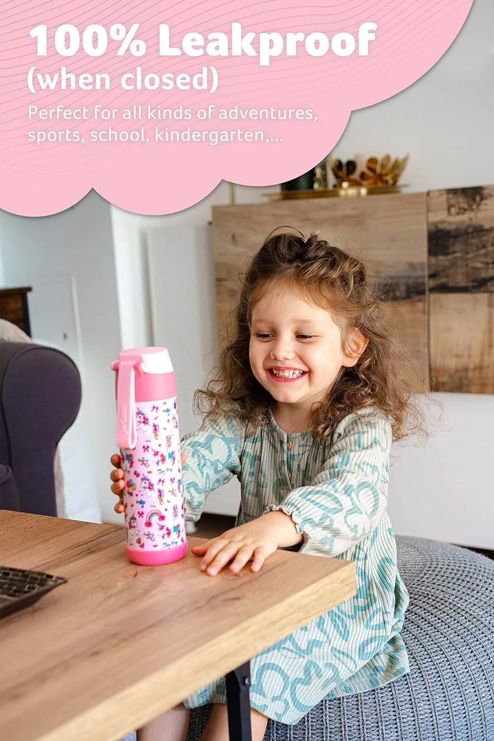 kids water bottle with straw - CHARLI - insulated stainless steel water bottle - thermos - girls/boys (Unicorn 'Mosaic', 18 oz)
