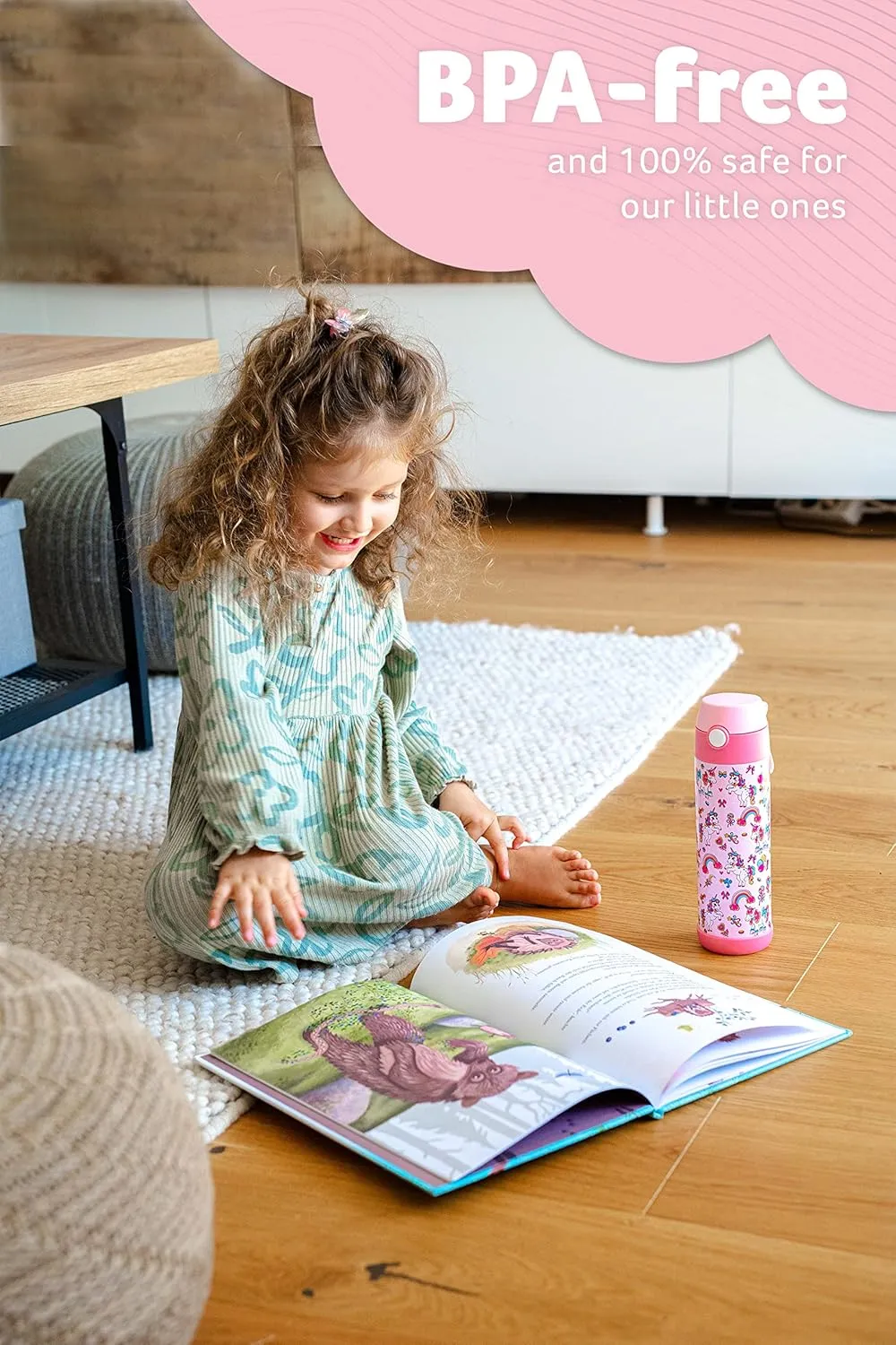 kids water bottle with straw - CHARLI - insulated stainless steel water bottle - thermos - girls/boys (Unicorn 'Mosaic', 18 oz)