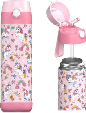 kids water bottle with straw - CHARLI - insulated stainless steel water bottle - thermos - girls/boys (Unicorn 'Mosaic', 18 oz)