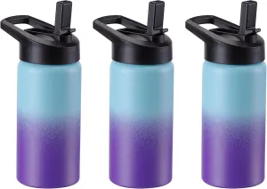 Kids Water Bottle with Straw Lid & Handle, 3 Pack 16oz Personalized Water Bottles Bulk, Dishwasher Safe, Leak Proof DIY Gift for Girls Boys to School Sports Travel Gym Running Hiking, Blue Purple