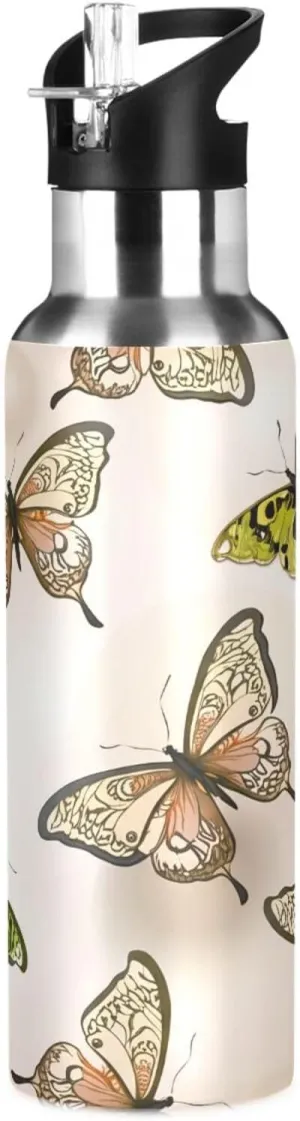 Kigai Butterflies Insulated Water Bottle with Straw Lid BPA-Free 20 oz Double Wall Vacuum Stainless Steel Leakproof Sports Water Bottle for Travel Fitness Gym