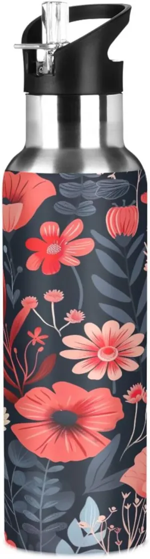 Kigai Poppy Flower Insulated Water Bottle with Straw Lid BPA-Free 20 oz Double Wall Vacuum Stainless Steel Leakproof Sports Water Bottle for Travel Fitness Gym