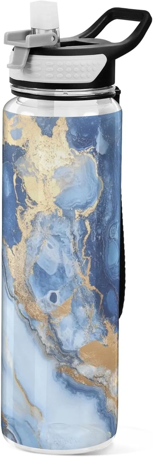Kigai Transparent Sports Water Bottle 32oz, Blue White Marble Leakproof Wide Mouth Water Bottle with Straw, BPA Free Water Jug with Detachable Strap & Handle for Fitness Gym Outdoor