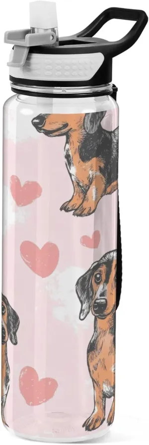 Kigai Transparent Sports Water Bottle 32oz, Dogs in Love Leakproof Wide Mouth Water Bottle with Straw, BPA Free Water Jug with Detachable Strap & Handle for Fitness Gym Outdoor