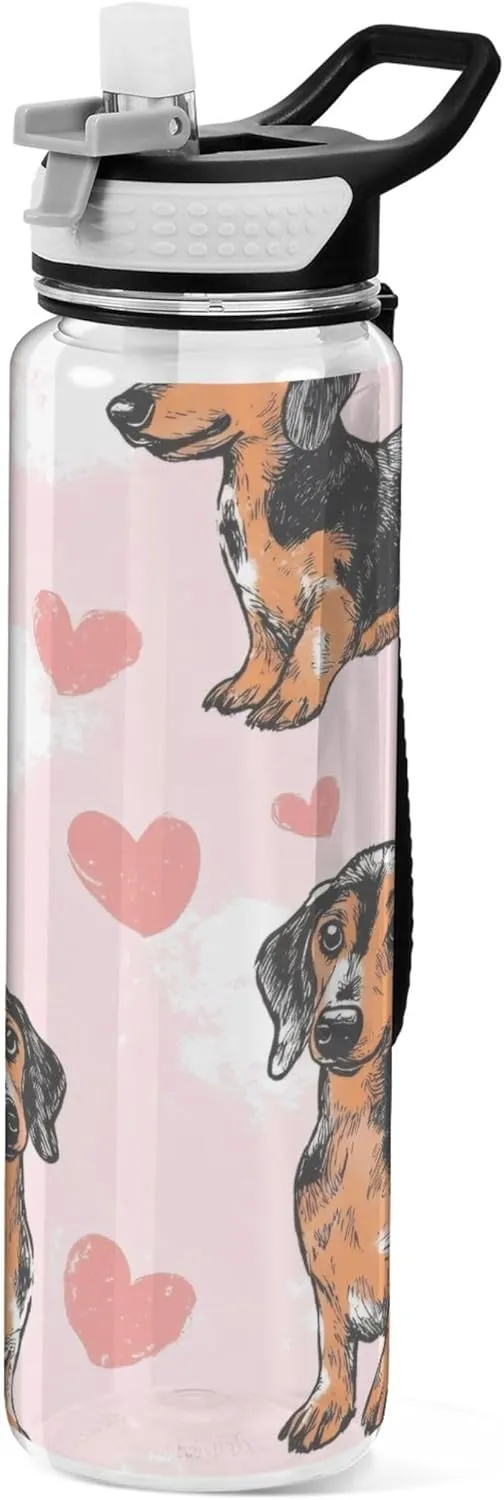 Kigai Transparent Sports Water Bottle 32oz, Dogs in Love Leakproof Wide Mouth Water Bottle with Straw, BPA Free Water Jug with Detachable Strap & Handle for Fitness Gym Outdoor