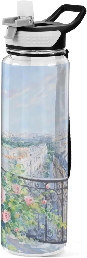 Kigai Transparent Sports Water Bottle 32oz, Eiffel Tower Leakproof Wide Mouth Water Bottle with Straw, BPA Free Water Jug with Detachable Strap & Handle for Fitness Gym Outdoor