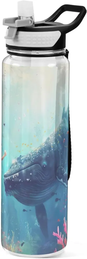 Kigai Transparent Sports Water Bottle 32oz, Girl Meet Whale Leakproof Wide Mouth Water Bottle with Straw, BPA Free Water Jug with Detachable Strap & Handle for Fitness Gym Outdoor