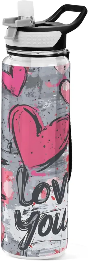 Kigai Transparent Sports Water Bottle 32oz, Ink Splashes Hearts Leakproof Wide Mouth Water Bottle with Straw, BPA Free Water Jug with Detachable Strap & Handle for Fitness Gym Outdoor