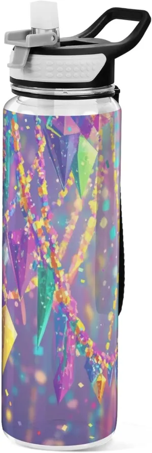 Kigai Transparent Sports Water Bottle 32oz, Mardi Gras Decoration Bead Leakproof Wide Mouth Water Bottle with Straw, BPA Free Water Jug with Detachable Strap & Handle for Fitness Gym Outdoor