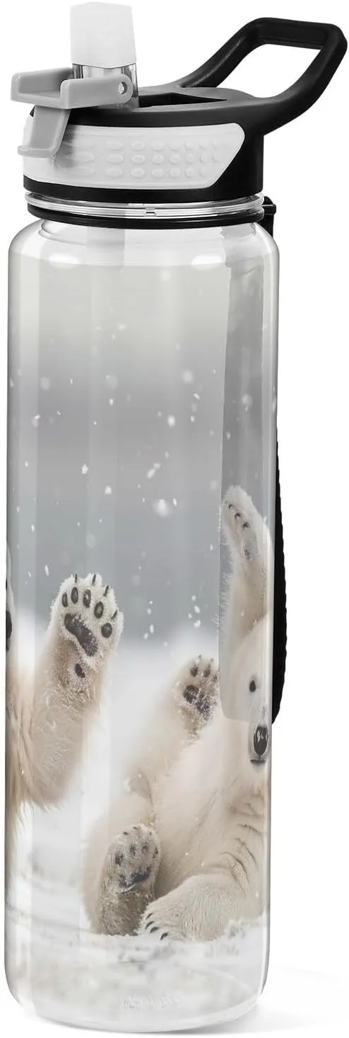 Kigai Transparent Sports Water Bottle 32oz, Polar Bears Leakproof Wide Mouth Water Bottle with Straw, BPA Free Water Jug with Detachable Strap & Handle for Fitness Gym Outdoor