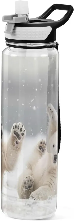 Kigai Transparent Sports Water Bottle 32oz, Polar Bears Leakproof Wide Mouth Water Bottle with Straw, BPA Free Water Jug with Detachable Strap & Handle for Fitness Gym Outdoor