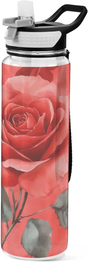 Kigai Transparent Sports Water Bottle 32oz, Rose Leakproof Wide Mouth Water Bottle with Straw, BPA Free Water Jug with Detachable Strap & Handle for Fitness Gym Outdoor