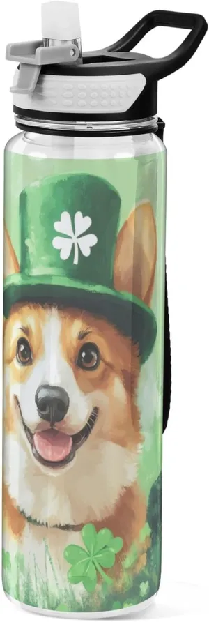 Kigai Transparent Sports Water Bottle 32oz, St. Patrick Dog Leakproof Wide Mouth Water Bottle with Straw, BPA Free Water Jug with Detachable Strap & Handle for Fitness Gym Outdoor