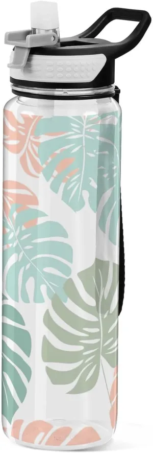 Kigai Transparent Sports Water Bottle 32oz, Trendy Monstera Leaves Leakproof Wide Mouth Water Bottle with Straw, BPA Free Water Jug with Detachable Strap & Handle for Fitness Gym Outdoor