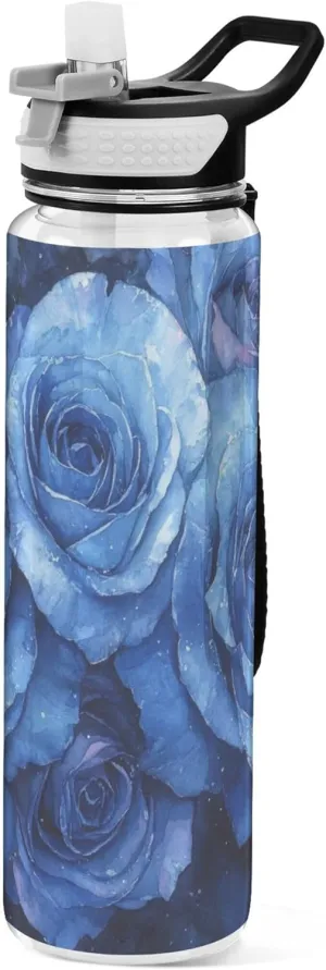 Kigai Transparent Sports Water Bottle 32oz, Valentine Blue Rose Leakproof Wide Mouth Water Bottle with Straw, BPA Free Water Jug with Detachable Strap & Handle for Fitness Gym Outdoor