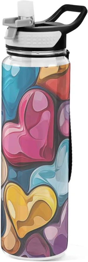 Kigai Transparent Sports Water Bottle 32oz, Valentine Colorful Heart Leakproof Wide Mouth Water Bottle with Straw, BPA Free Water Jug with Detachable Strap & Handle for Fitness Gym Outdoor