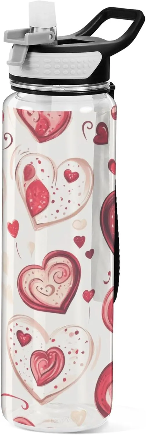Kigai Transparent Sports Water Bottle 32oz, Valentine Hearts Leakproof Wide Mouth Water Bottle with Straw, BPA Free Water Jug with Detachable Strap & Handle for Fitness Gym Outdoor