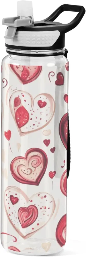 Kigai Transparent Sports Water Bottle 32oz, Valentine Hearts Leakproof Wide Mouth Water Bottle with Straw, BPA Free Water Jug with Detachable Strap & Handle for Fitness Gym Outdoor