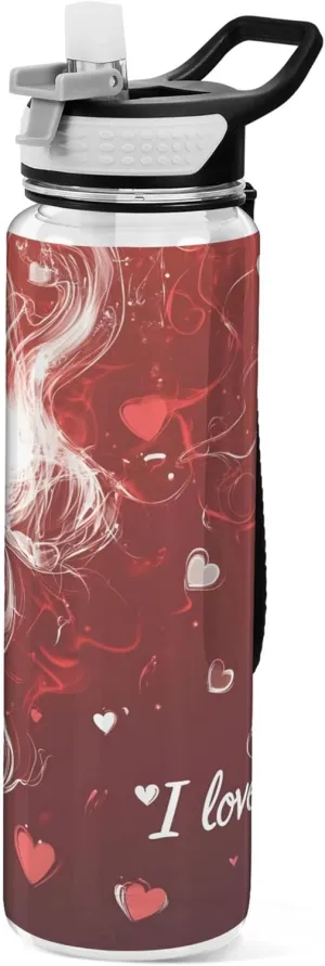 Kigai Transparent Sports Water Bottle 32oz, Valentine Hearts33 Leakproof Wide Mouth Water Bottle with Straw, BPA Free Water Jug with Detachable Strap & Handle for Fitness Gym Outdoor