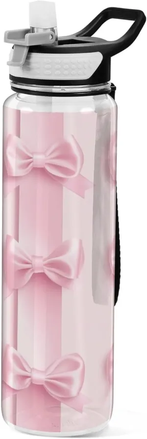 Kigai Transparent Sports Water Bottle 32oz, Valentine Pink Bows Leakproof Wide Mouth Water Bottle with Straw, BPA Free Water Jug with Detachable Strap & Handle for Fitness Gym Outdoor