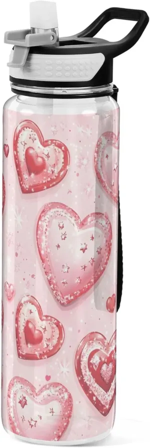 Kigai Transparent Sports Water Bottle 32oz, Valentine's Day Background Leakproof Wide Mouth Water Bottle with Straw, BPA Free Water Jug with Detachable Strap & Handle for Fitness Gym Outdoor
