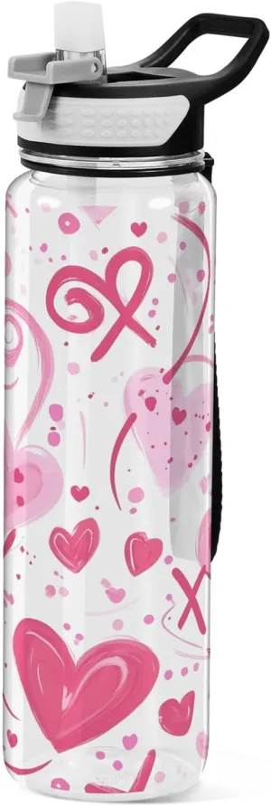 Kigai Transparent Sports Water Bottle 32oz, Valentine's Day Hearts Leakproof Wide Mouth Water Bottle with Straw, BPA Free Water Jug with Detachable Strap & Handle for Fitness Gym Outdoor
