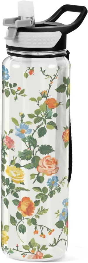 Kigai Transparent Sports Water Bottle 32oz, Vintage Floral Leakproof Wide Mouth Water Bottle with Straw, BPA Free Water Jug with Detachable Strap & Handle for Fitness Gym Outdoor