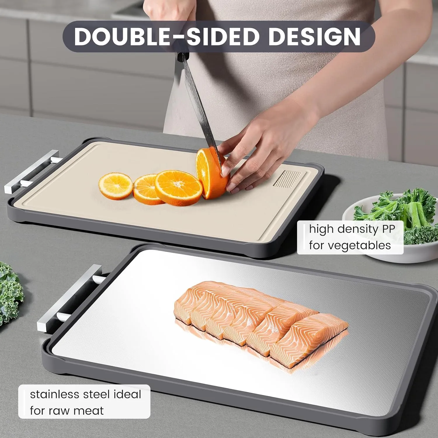 Kikcoin Stainless Steel Cutting Board, Double Sided Titanium Cutting Boards for Kitchen, Stainless Steel and Wheat Straw PP Large Chopping Board, Beige