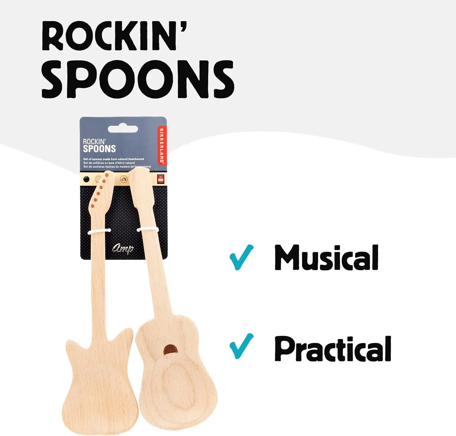 Kikkerland Set of Two Novelty Guitar Wooden Spoons for Kitchen – Beechwood, Heat Resistant, Use with Non-Stick Cookware – Unique Gift for Music Lovers and Cooking Enthusiasts