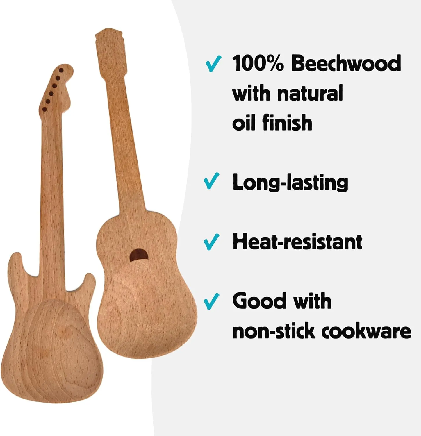 Kikkerland Set of Two Novelty Guitar Wooden Spoons for Kitchen – Beechwood, Heat Resistant, Use with Non-Stick Cookware – Unique Gift for Music Lovers and Cooking Enthusiasts