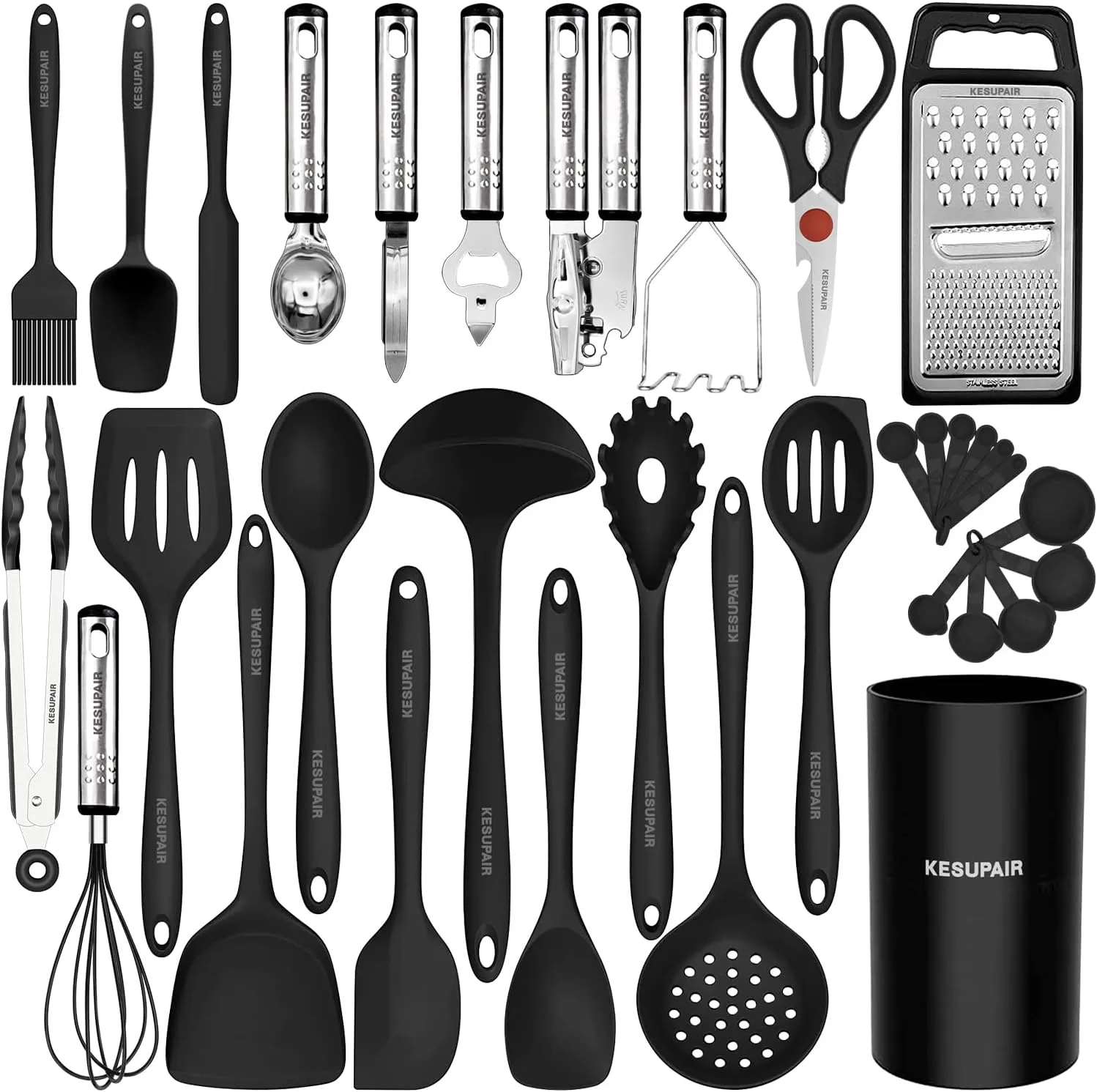 Kitchen Utensils Set - 446°F Heat Resistant Silicone Cooking Utensils Set-Kitchen Tools and Gadgets for Cooking Nonstick Cookware with Tongs,Turner,Spatula,Spoon,Brush,Peeler,Grater,Scissors(Black)
