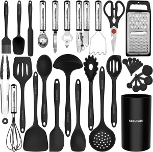 Kitchen Utensils Set - 446°F Heat Resistant Silicone Cooking Utensils Set-Kitchen Tools and Gadgets for Cooking Nonstick Cookware with Tongs,Turner,Spatula,Spoon,Brush,Peeler,Grater,Scissors(Black)