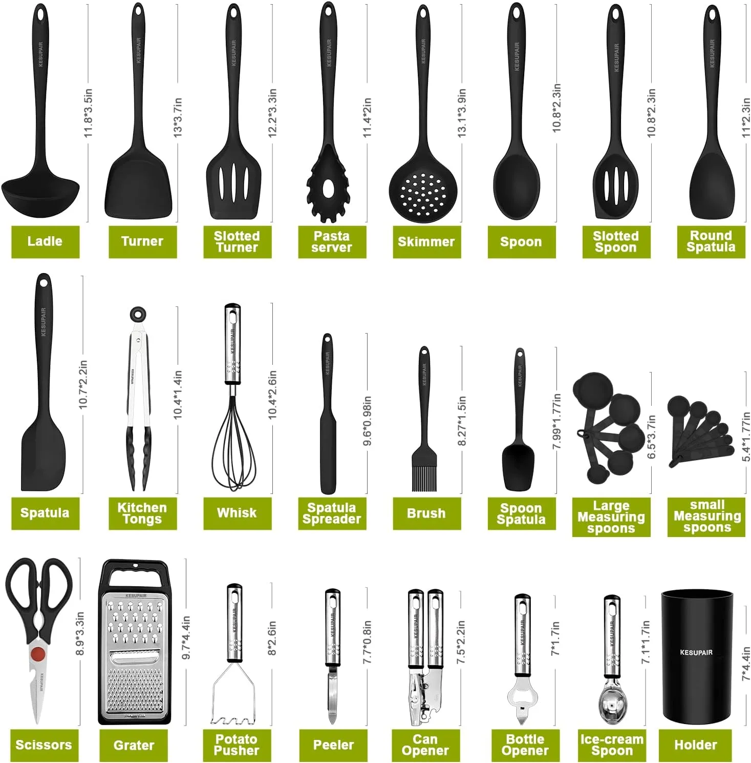 Kitchen Utensils Set - 446°F Heat Resistant Silicone Cooking Utensils Set-Kitchen Tools and Gadgets for Cooking Nonstick Cookware with Tongs,Turner,Spatula,Spoon,Brush,Peeler,Grater,Scissors(Black)