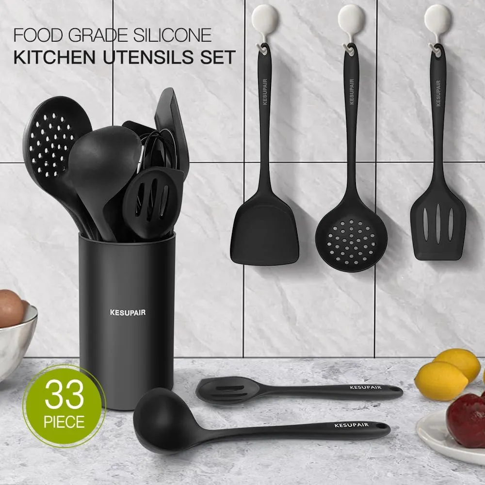Kitchen Utensils Set - 446°F Heat Resistant Silicone Cooking Utensils Set-Kitchen Tools and Gadgets for Cooking Nonstick Cookware with Tongs,Turner,Spatula,Spoon,Brush,Peeler,Grater,Scissors(Black)