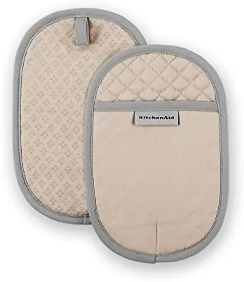 KitchenAid Asteroid Oven Mitt 2-Pack Set, Milkshake Tan, 7"x12.5" & Asteroid Oval Pot Holder 2-Pack Set, Milkshake Tan, 6.5"x10"