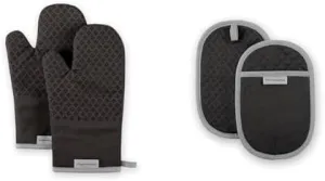 KitchenAid Asteroid Oven Mitt Set, 7"x12.5", Black, 2 Piece & Asteroid Pot Holder 2-Pack Set, Black, 6.5"x10"