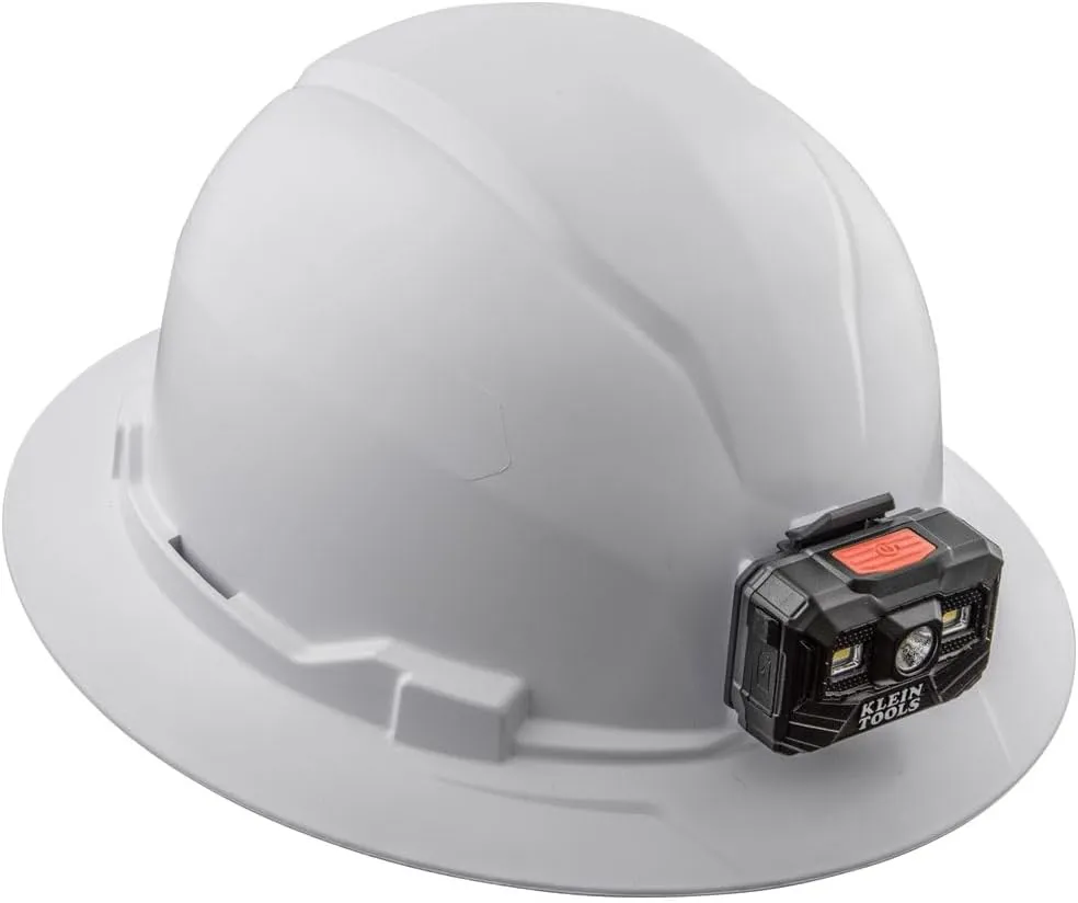 Klein Tools 60406RL Hard Hat, Rechargeable Headlamp, Non-vented, Full Brim Style, Padded Self-Wicking Odor-Resistant Sweatband, Tested up to 20kV, White