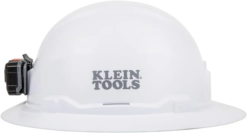 Klein Tools 60406RL Hard Hat, Rechargeable Headlamp, Non-vented, Full Brim Style, Padded Self-Wicking Odor-Resistant Sweatband, Tested up to 20kV, White