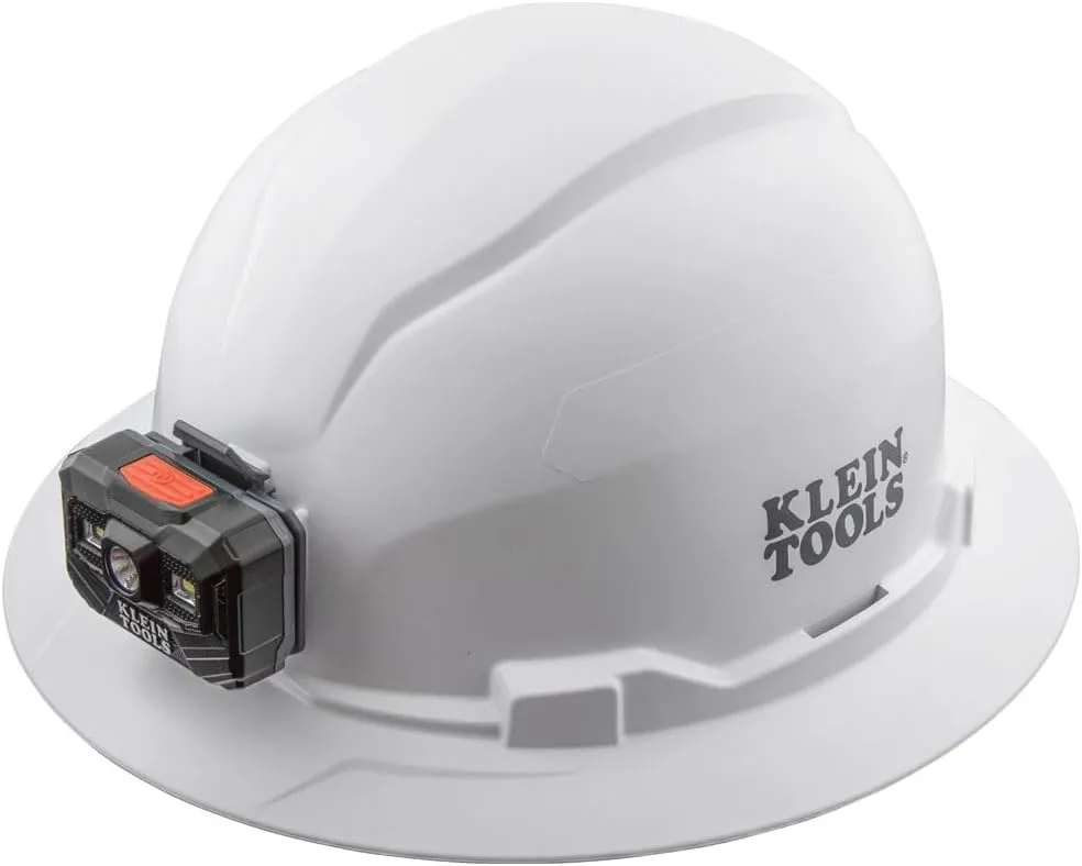 Klein Tools 60406RL Hard Hat, Rechargeable Headlamp, Non-vented, Full Brim Style, Padded Self-Wicking Odor-Resistant Sweatband, Tested up to 20kV, White