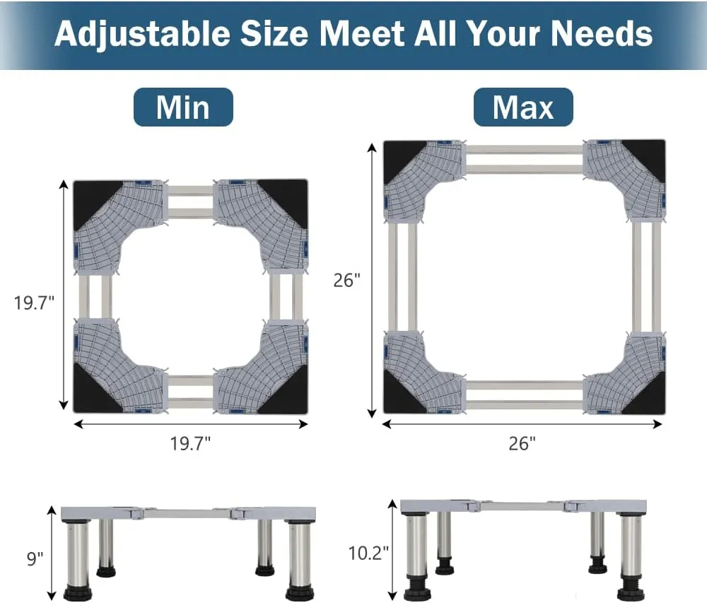 Kokorona Washing Machine Stand Mini Fridge Stand with 4 Strong Feet (9-10.2in High, Dual-Tube), Adjustable Refrigerator Base Multi-Functional Washer Dryer Pedestals, Max Load 440LBS