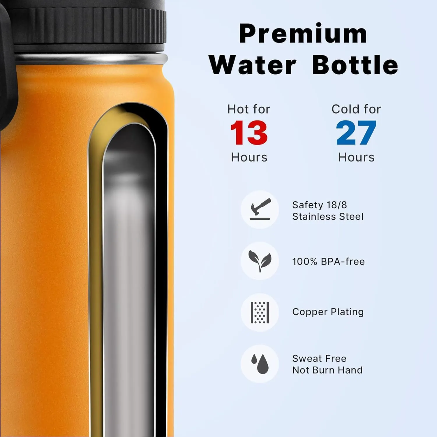 koodee Water Bottle with Straw-16 oz Stainless Steel Double Wall Vacuum Insulated Water Flask Metal Sports Water Bottle for School (Mango Yellow)