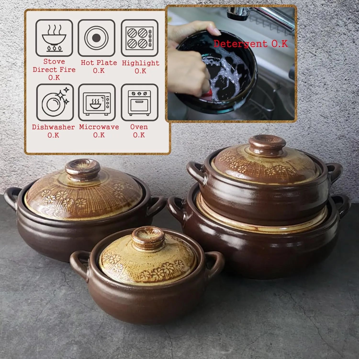 Korean Pot [Buncheong] MUD GLAZE Earthenware Ttukbaegi, Ceramic Clay Cooking Pot Casserole, Heat Resistant Earthen Pot, Zero-Crack Stone Bowl Stockpot Soup Cookware, Pottery Bowl (Small)