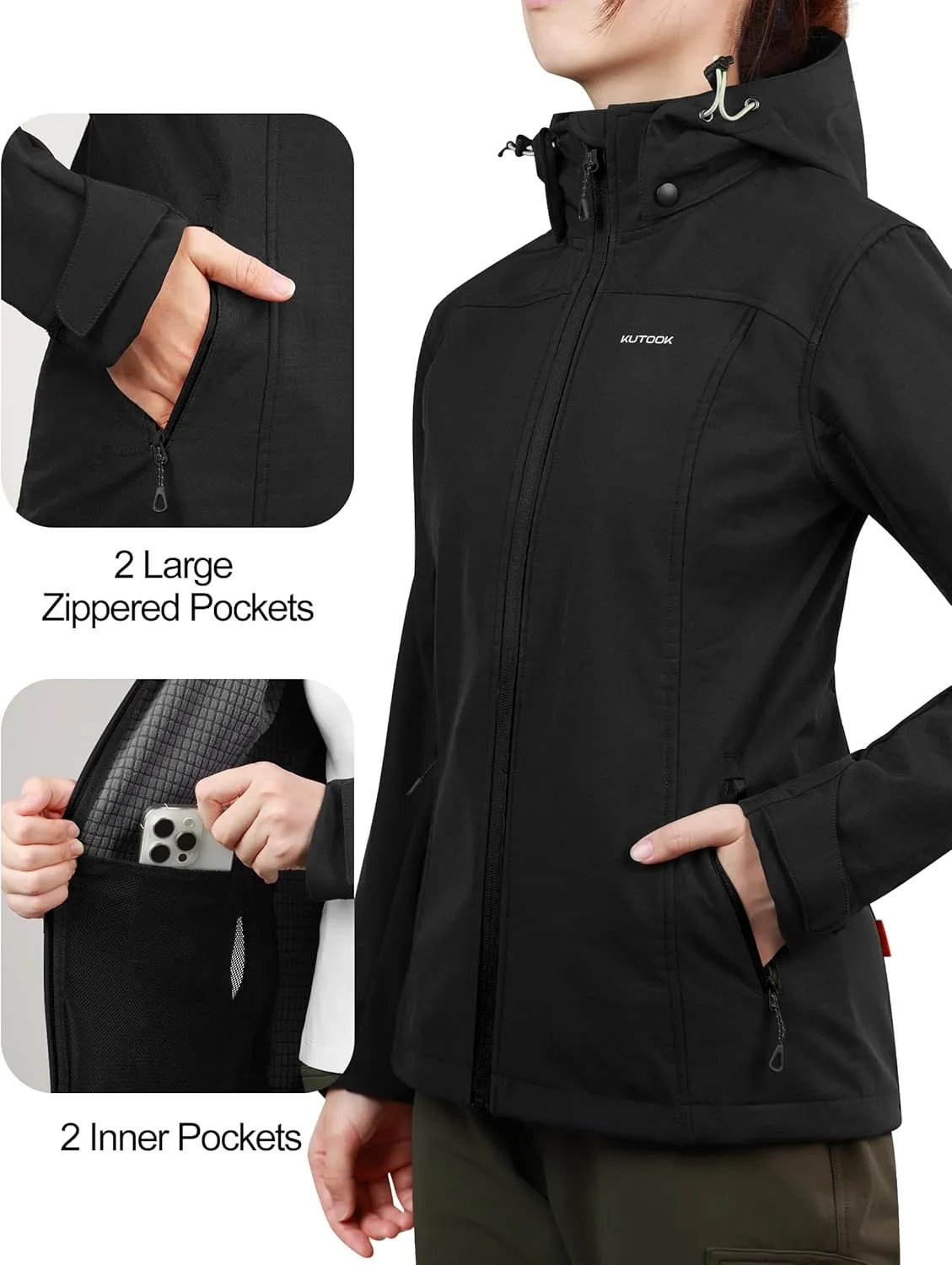 KUTOOK Women's Lightweight Softshell Jacket Fleece Lined Removable Hood with Zipper Pockets for Hiking Running Travel