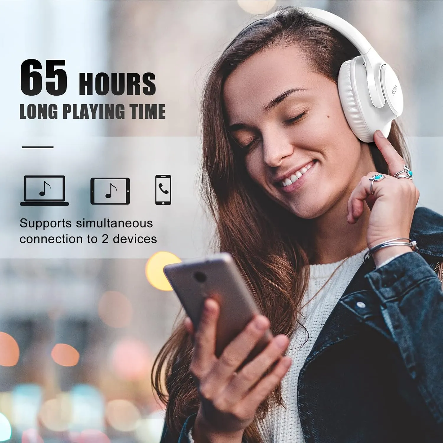 KVIDIO Bluetooth Headphones Over Ear, 65 Hours Playtime Wireless Headphones with Microphone, Foldable Lightweight Headset with Deep Bass, HiFi Stereo Sound for Travel Work Laptop PC Cellphone