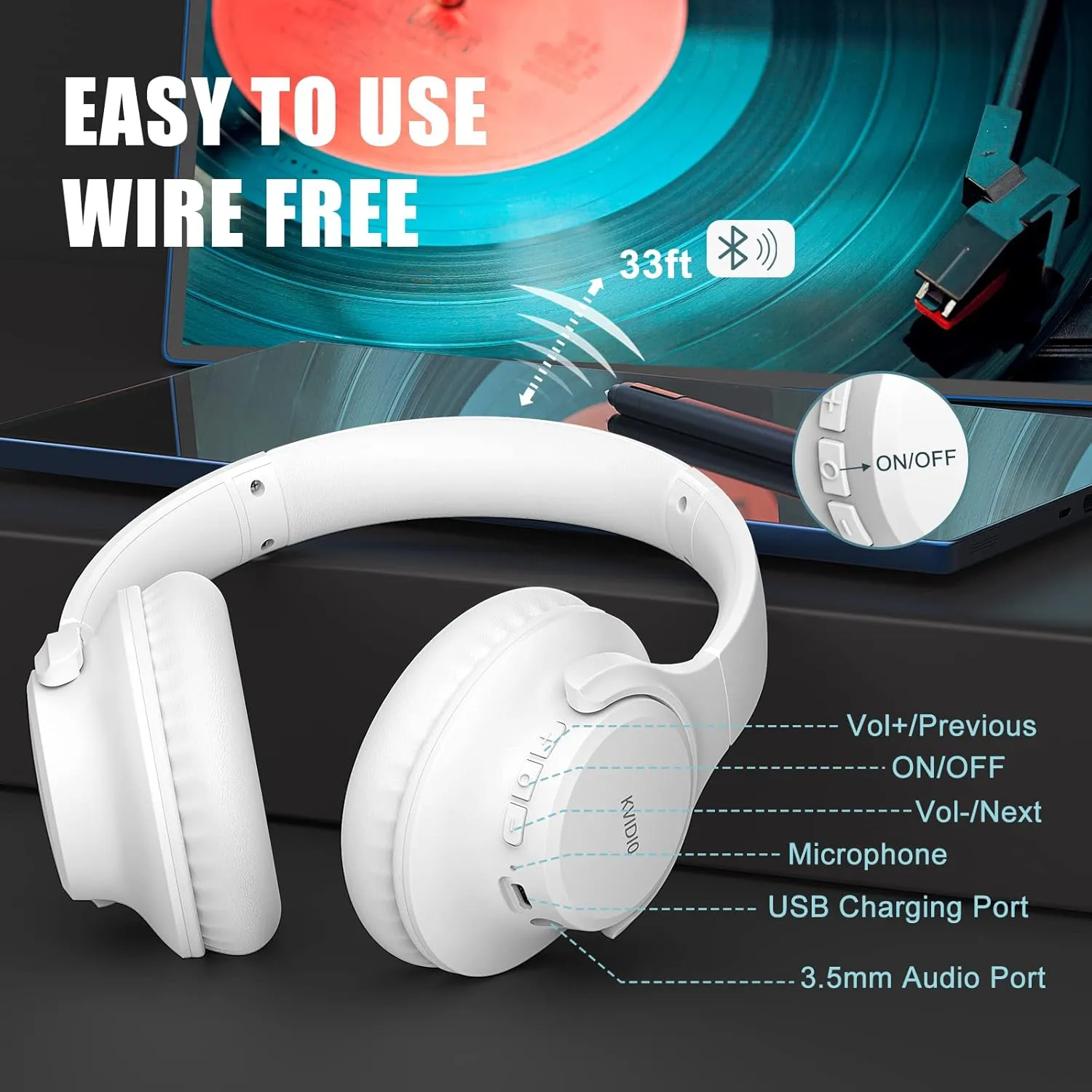 KVIDIO Bluetooth Headphones Over Ear, 65 Hours Playtime Wireless Headphones with Microphone, Foldable Lightweight Headset with Deep Bass, HiFi Stereo Sound for Travel Work Laptop PC Cellphone