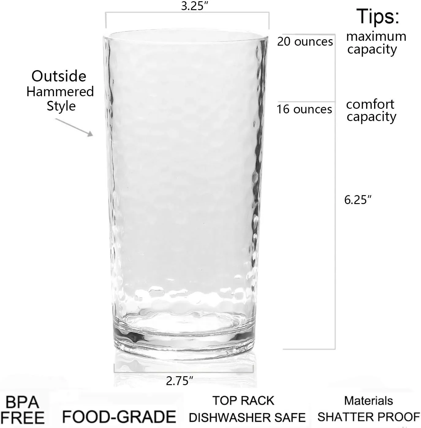 KX-WARE 20-ounce Acrylic Glasses Plastic Tumbler, set of 12 Clear - Hammered Style, Dishwasher Safe, BPA Free