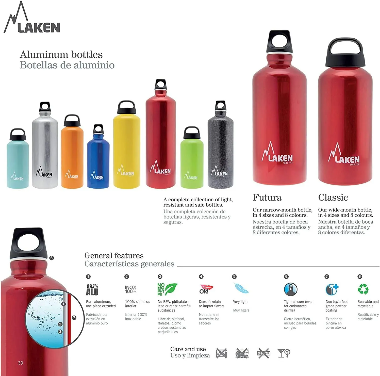 Laken Classic Aluminum Water Bottle, Wide Mouth with Screw Cap and Loop, BPA Free, Made in Spain, 20oz, Granite
