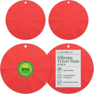 Larder & Vine Silicone Trivets for Hot Pots and Pans | Set of 4 Round Hot Pads for Kitchen | 7” & 9” Trivets for Hot Dishes | Heat-Resistant Silicone Mats for Kitchen Counter | Cabernet