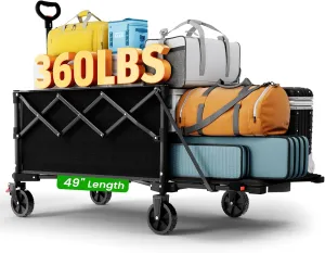 Large Foldable Wagons Extended, Collapsible Wagon with Tailgate, 49”L Folding Wagons with Brakes, Grocery Wagon, Utility Cart for Sports, Shopping, and Camping, Black