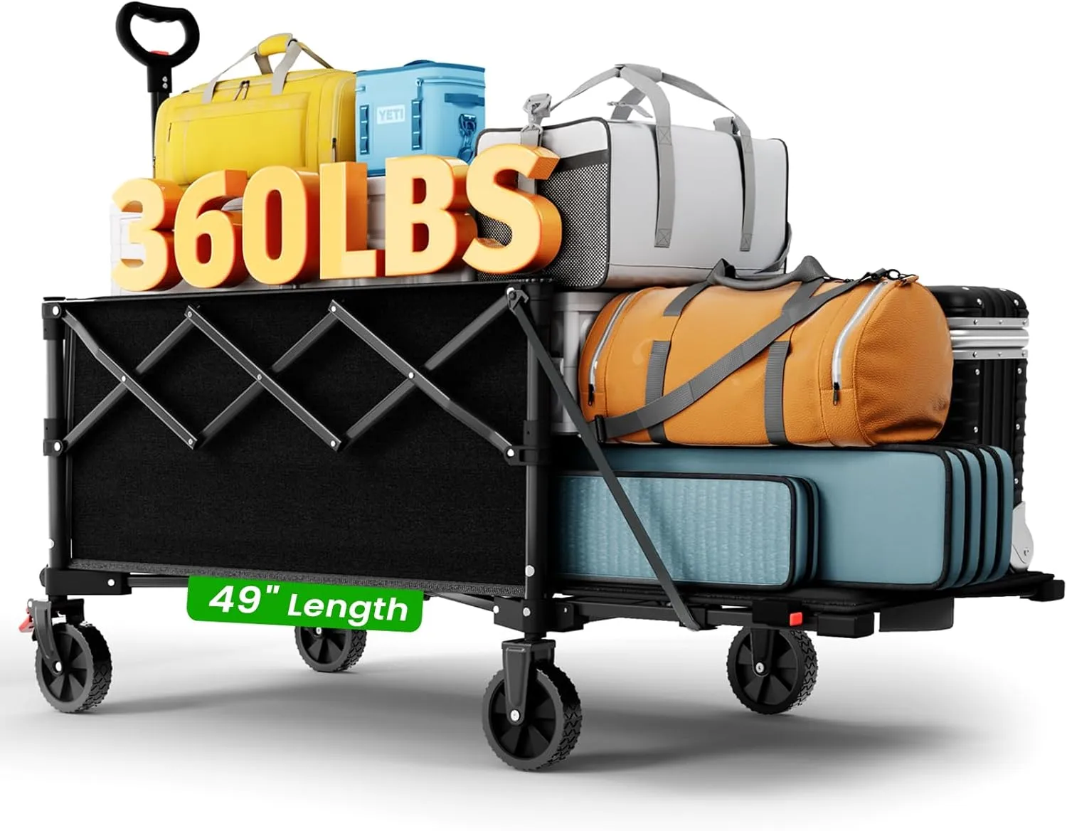 Large Foldable Wagons Extended, Collapsible Wagon with Tailgate, 49”L Folding Wagons with Brakes, Grocery Wagon, Utility Cart for Sports, Shopping, and Camping, Black